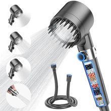 Ondine filtered high-pressure shower head with visible filter chamber, hose and holder