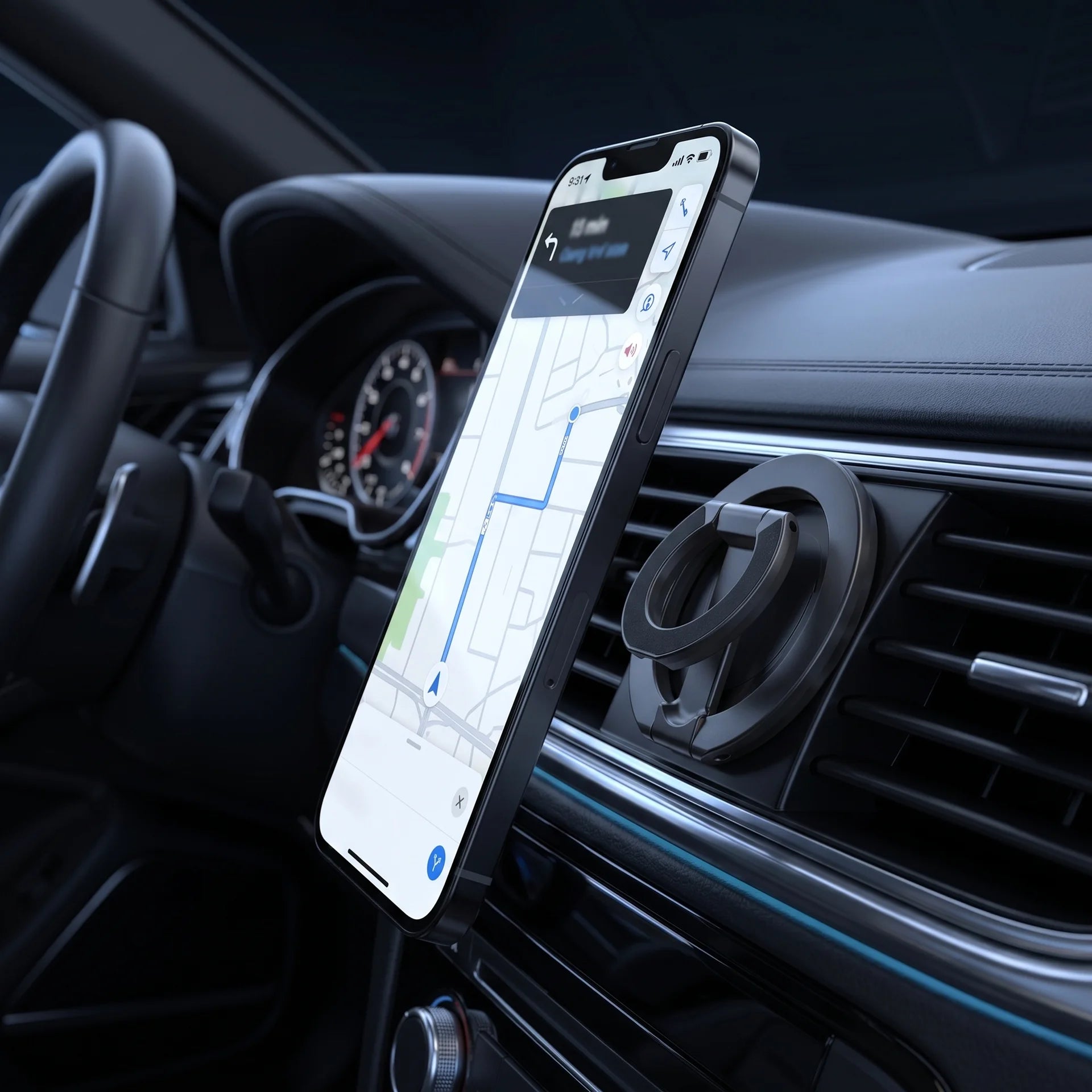 KLICK magnetic phone ring on car vent mount showing navigation