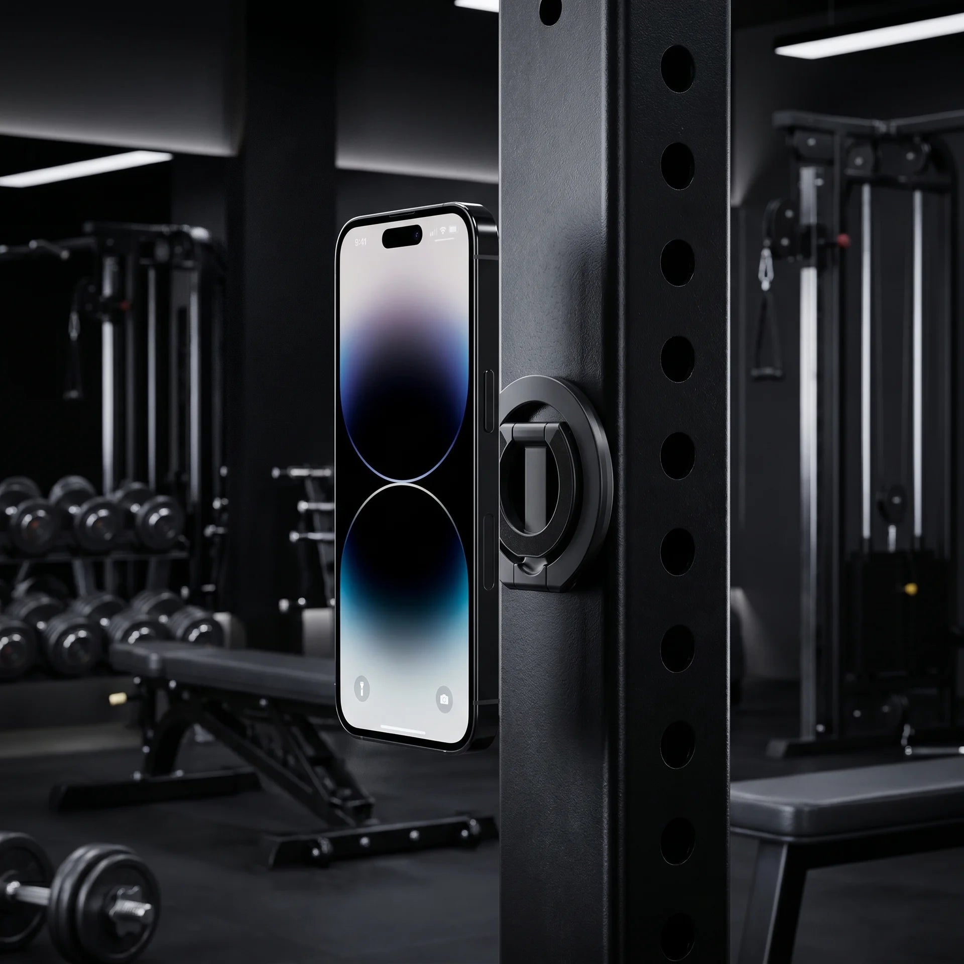 iPhone mounted to gym power rack via KLICK magnetic ring