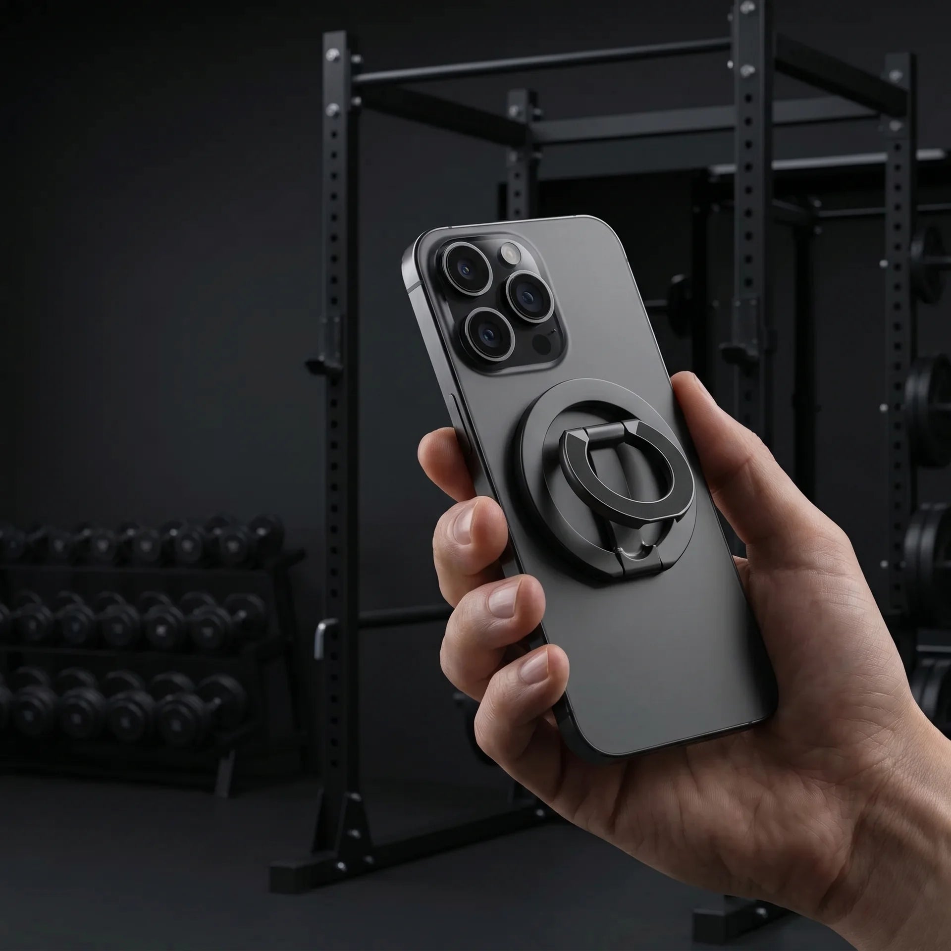 KLICK magnetic phone ring attached to iPhone back, shown in hand
