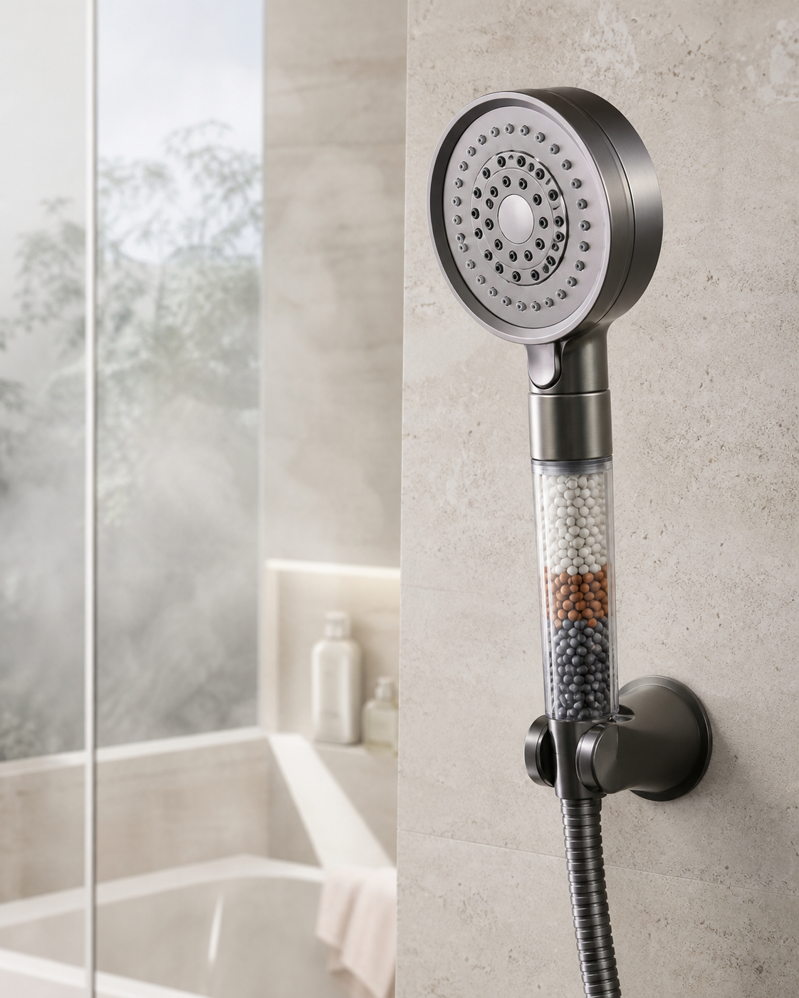 Ondine filtered high-pressure shower head in a bright stone bathroom